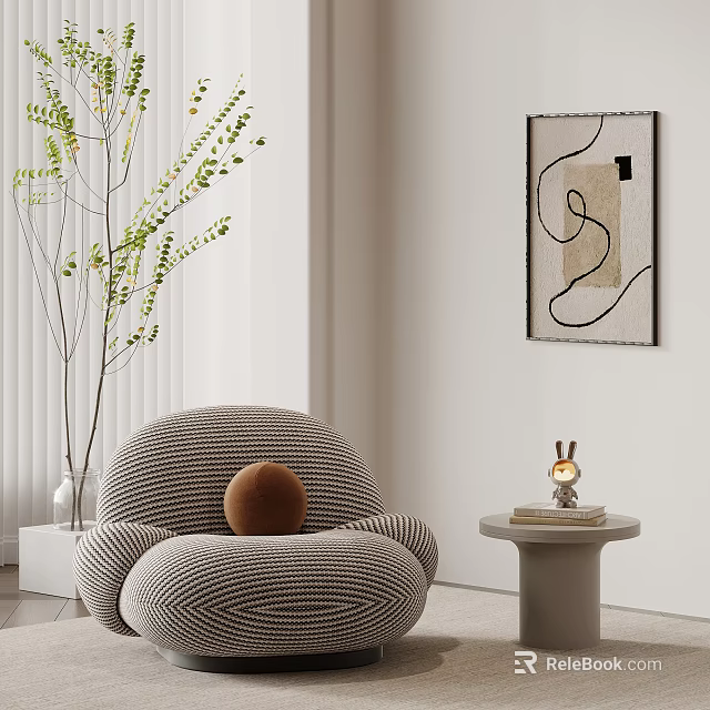 Striped Accent Chair With Round Cushion Green Plant Abstract Wall Art And Small Side Table 3d model 