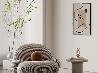 Striped Accent Chair With Round Cushion Green Plant Abstract Wall Art And Small Side Table 3d model