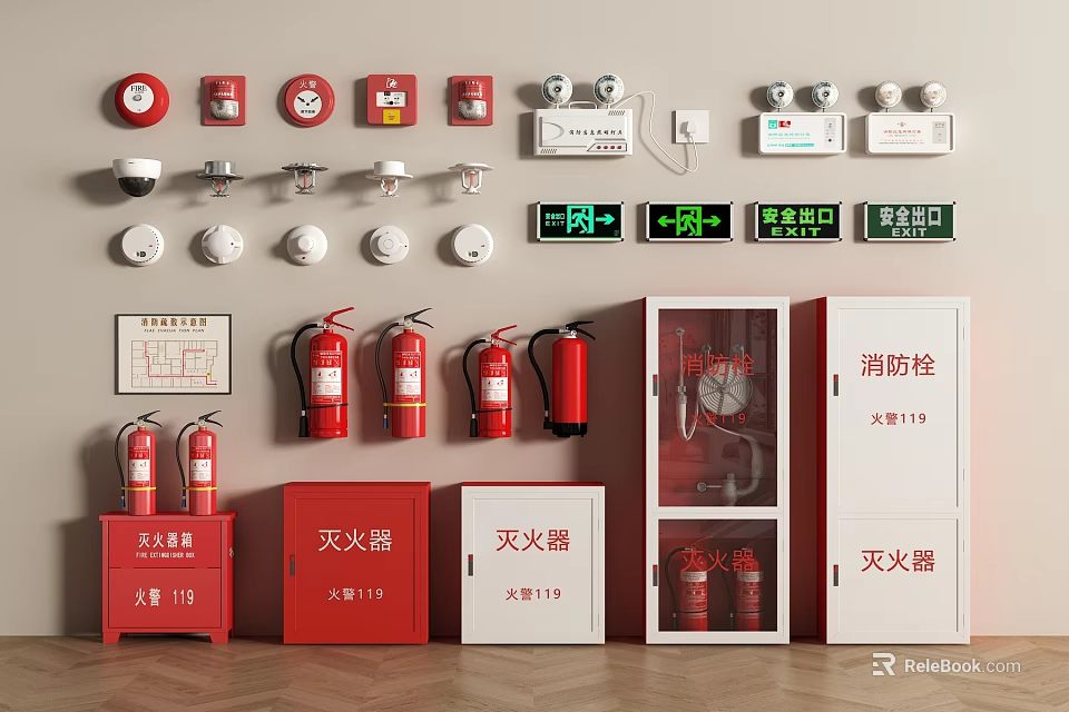 Essential Fire Safety Equipment Including Extinguishers Hydrants Alarms and Exit Signs 3d model 