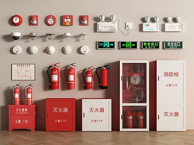 Modern fire hydrant fire hydrant fire extinguisher smoke detector alarm emergency lighting safety exit fire hydrant fire fighting equipment 3d model