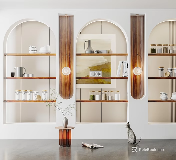 Elegant Modern Arched Wooden Shelving Unit Interior With Decorative Jars Cups And Artwork 3d model 