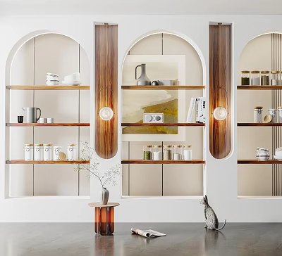 Elegant Modern Arched Wooden Shelving Unit Interior With Decorative Jars Cups And Artwork 3d model