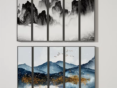 Multi Panel Landscape Paintings Featuring Black White Blue Mountains Clouds Mist And Flying Birds 3d model