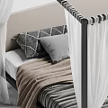 Four Poster Double Bed With Black Frame White Drapes And Striped Blanket 3d model