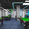 Modern Billiard Room Interior With Green Felt Table Balls Cues Sofas And Lighting 3d model
