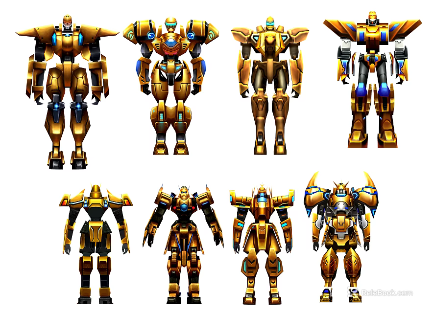 Smart Machines Multiple Golden Robots With Different Mechanical Designs And Shapes 3d model