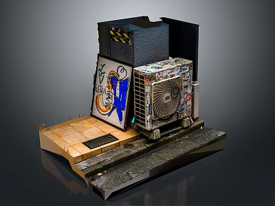 Urban Graffiti Covered Structure With Air Conditioning Unit And Wooden Platform 3d model
