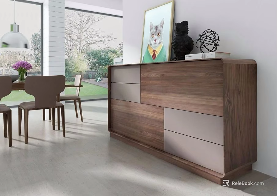 Walnut Sideboard Cabinet in Modern Living Dining Area With Decorative Artwork Sculptures And Natural Light 3d model 