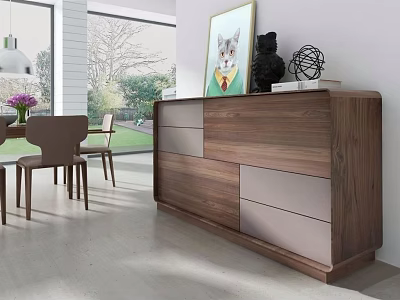 Walnut Sideboard Cabinet in Modern Living Dining Area With Decorative Artwork Sculptures And Natural Light 3d model