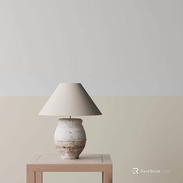 White Textured Ceramic Table Lamp With Light Colored Shade On Neutral Wall Background 3d model