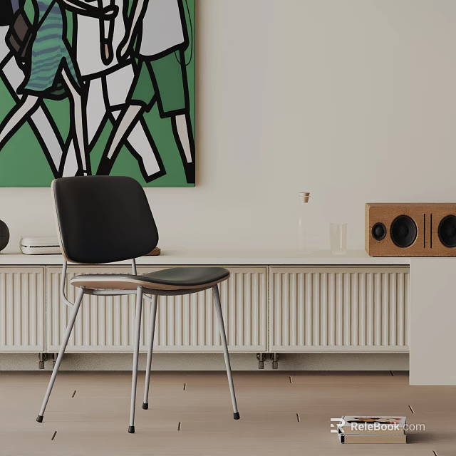 Black Dining Chair in Modern Interior with Green White Abstract Painting White Cabinet and Glassware 3d model 