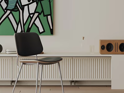 Black Dining Chair in Modern Interior with Green White Abstract Painting White Cabinet and Glassware 3d model