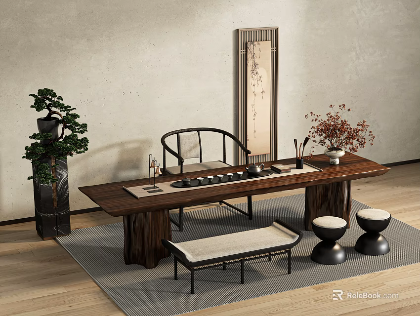 Traditional Chinese Wooden Tea Table And Chairs With Potted Plant Tea Sets Screen And Rug 3d model 
