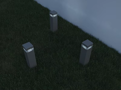 Three Pillar Shaped Outdoor Lights With Square Illuminated Tops On Grass Near Gray Wall 3d model