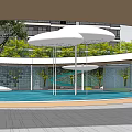 Modern Pergola Structure with Circular Water Feature and Green Trees in Urban Garden
