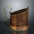 Vintage Brass Household Container With Golden Scroll Patterns And Curved Handle 3d model