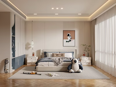 Modern Kids Room with Cozy Bed Nightstands Panda Plush Toy Skateboard Painting and Curtains 3d model