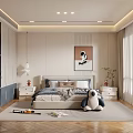 Modern Kids Room with Cozy Bed Nightstands Panda Plush Toy Skateboard Painting and Curtains