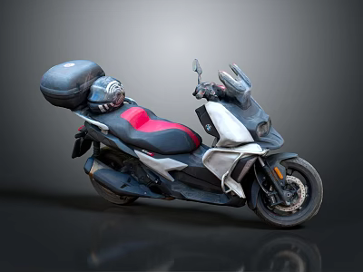 Sleek White Black Scooter Motorcycle With Red Black Seat And Black Top Case 3d model