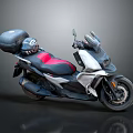 Sleek White Black Scooter Motorcycle With Red Black Seat And Black Top Case
