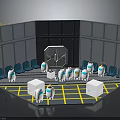 Indoor Simulation Pod Interior With White Robots Blue Seats And Yellow Line Floor 3d model