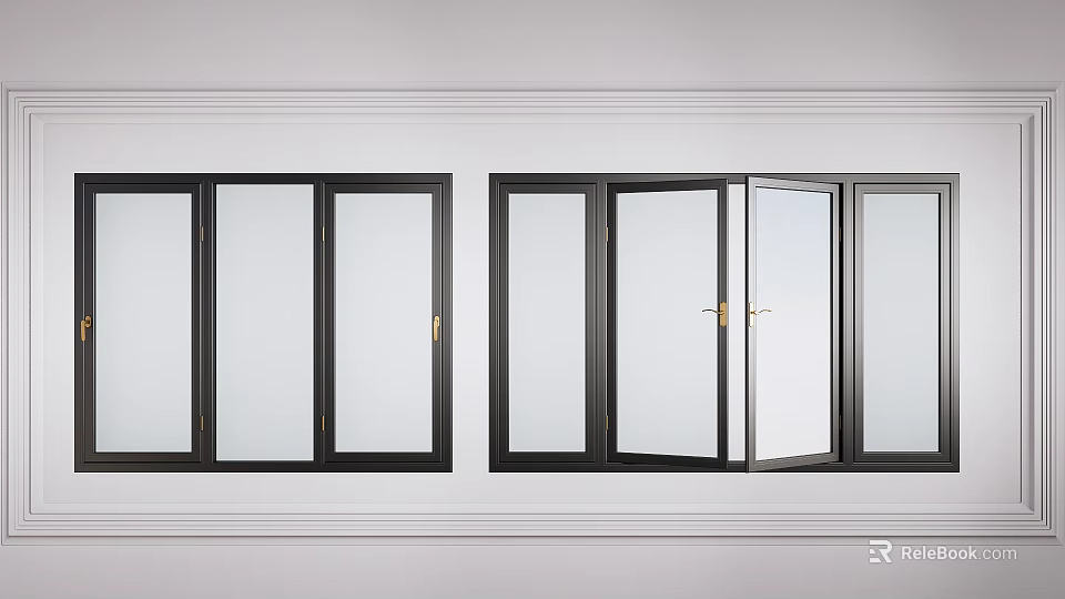 Black Glass Folding Doors With Open And Closed Positions On White Wall 3d model 
