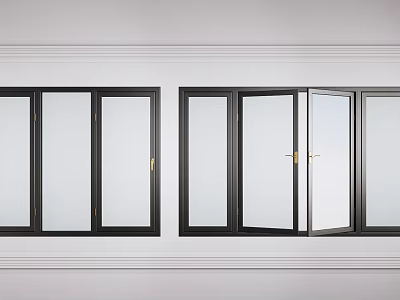 Black Glass Folding Doors With Open And Closed Positions On White Wall 3d model