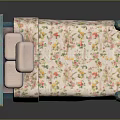 Blue Wooden Bed Frame With Floral Bedspread And Light Pink Pillows