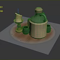 Still Life Tabletop Arrangement With Green Ceramic Jug Wooden Lid Lit Candle And Cups