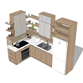 Modern Kitchen Interior With Wooden Cabinets Stove Sink Open Shelves And Refrigerator