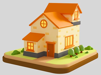 Cartoon Style House Exterior With Orange Roof Beige Walls Windows Door Small Trees Green Lawn 3d model