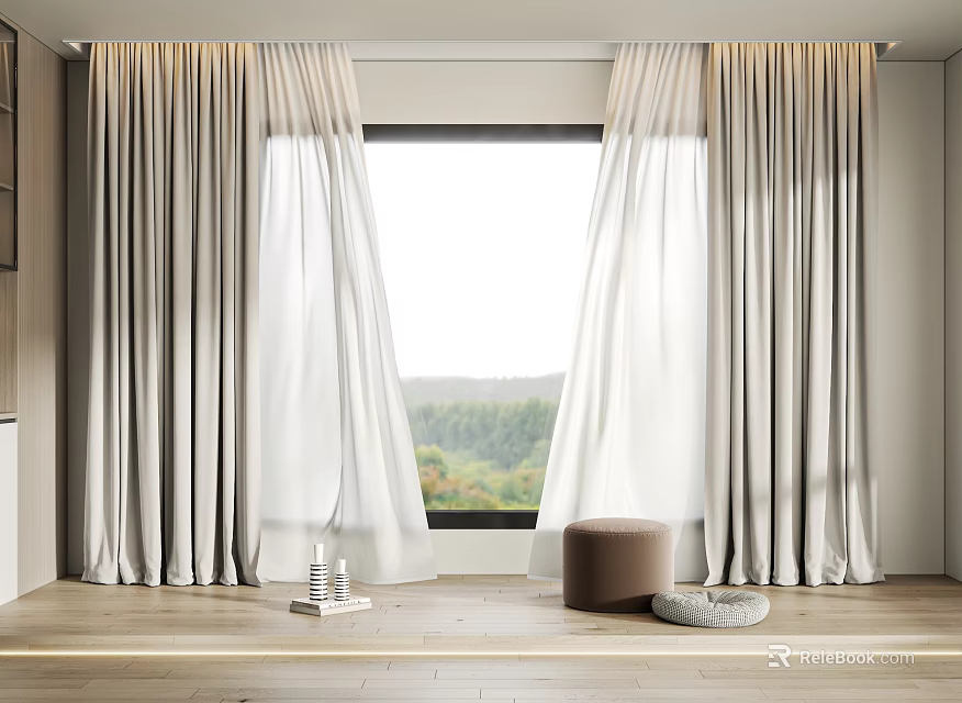 Elegant Layered Light Colored Curtains By Window With Green Landscape View And Wooden Floor 3d model 