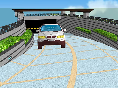 White Car Moving On Curved Driveway With Green Belts And Entrance Building Structure 3d model