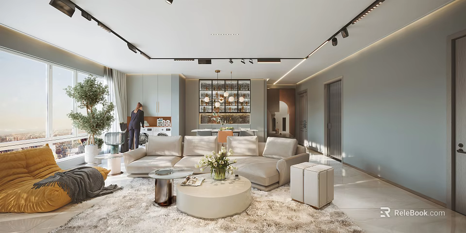 Modern Living Dining Room Interior Design With Light Sofa Round Coffee Table And Open Kitchen 3d model