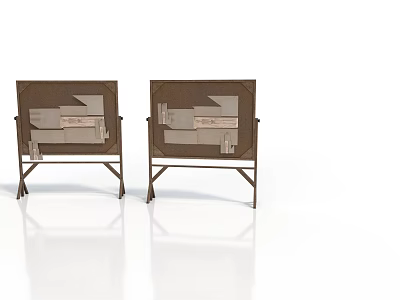 Two Brown Decorative Home Living Shelves With Geometric Pattern And Metal Frame 3d model