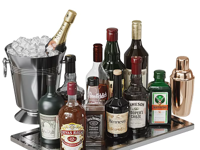 Assorted Liquor Bottles and Cocktail Glasses with Ice Bucket and Shaker on Metal Tray 3d model