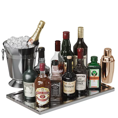 Assorted Liquor Bottles and Cocktail Glasses with Ice Bucket and Shaker on Metal Tray 3d model
