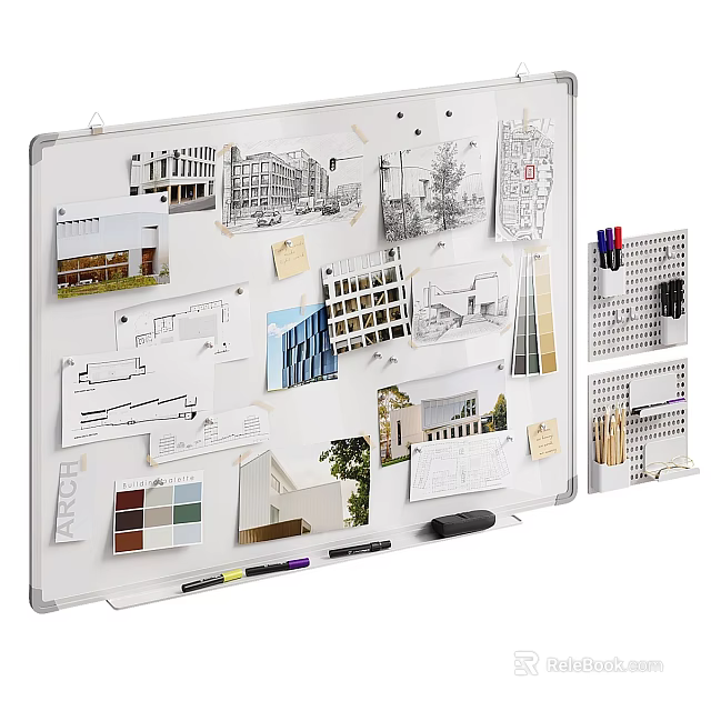 Architectural Design Whiteboard With Drawings Photos Color Swatches And Planning Materials 3d model 
