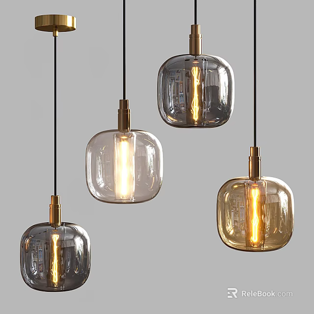 Modern Glass Pendant Lights With Brass Accents And Illuminated Square Shades 3d model 