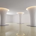 White Curved Textured Columns In Modern Interior With Illuminated Tops And Tile Floor