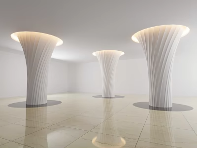 White Curved Textured Columns In Modern Interior With Illuminated Tops And Tile Floor 3d model