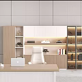 Modern Office Desk With White Chair Glass Bookcase Decorations Plant Sculpture And City View