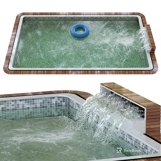 Modern Swimming Pool Area With Blue Ring Water Splash Mosaic Tiles And Wooden Frame 3d model 
