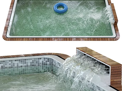 Modern Swimming Pool Area With Blue Ring Water Splash Mosaic Tiles And Wooden Frame 3d model