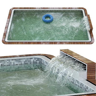 Modern Swimming Pool Area With Blue Ring Water Splash Mosaic Tiles And Wooden Frame 3d model
