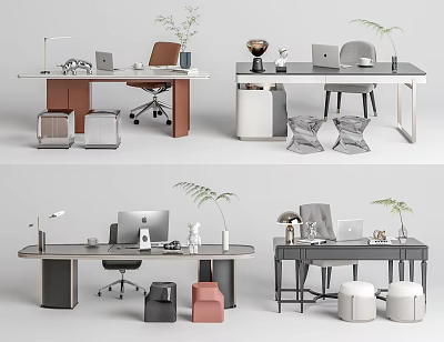 Modern Office Desk Setup With Laptop Lamp Plant Chair And Storage Units 3d model