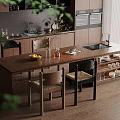 Modern Open Kitchen Interior With Wooden Island Fruit Bowl Vase And Chairs