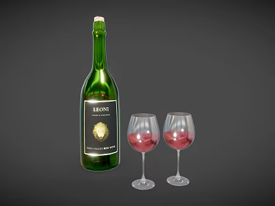 Green Wine Bottle with Elegance Premium Label and Two Red Wine Glasses on Gray Background 3d model