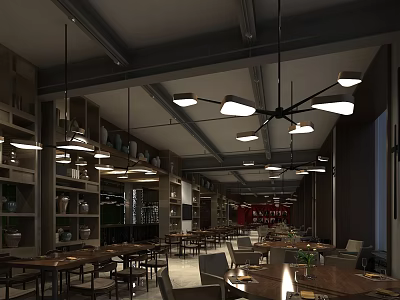 Modern Banquet Hall Interior With Hanging Chandeliers Dining Tables And Decorative Shelves 3d model