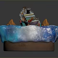Decorative Model Scene with Small Boat on Blue Water and Brown Base Hills